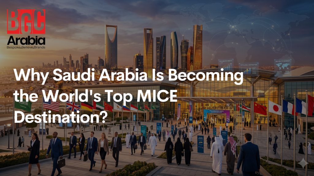 Saudi Arabia MICE destination 2026 — Riyadh skyline with international convention centre, business professionals, and global exhibition flags representing Vision 2030 growth